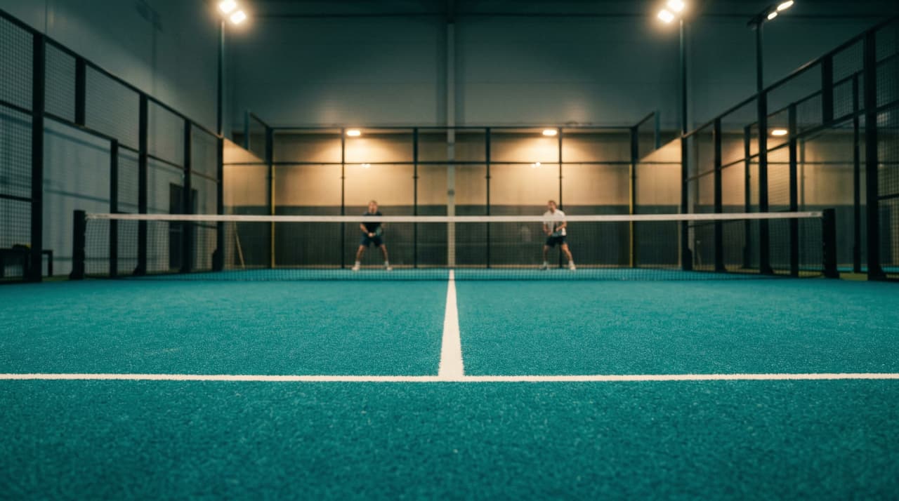 Vue aérienne d'un terrain de padel indoor éclairé avec des joueurs en action
