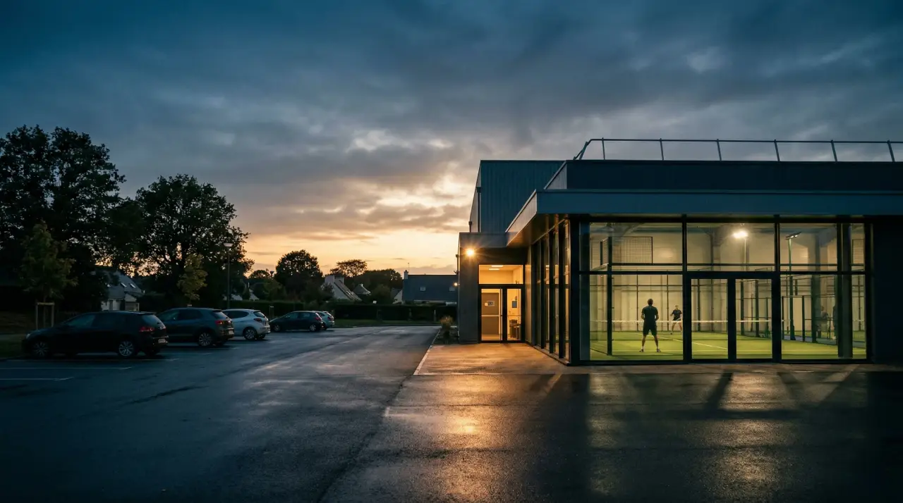 Vue extérieure d'un club de padel à Rennes avec des terrains éclairés en soirée