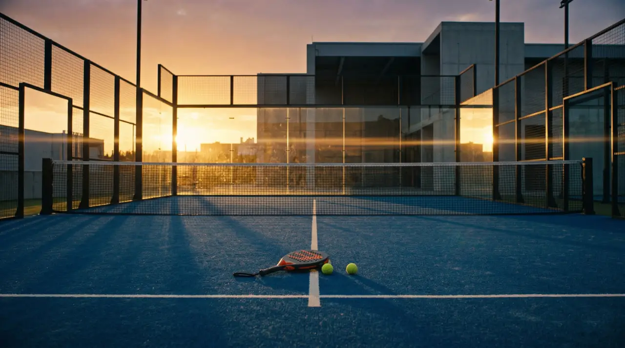 Terrain de padel vide au coucher du soleil avec une raquette et des balles posées sur le gazon synthétique