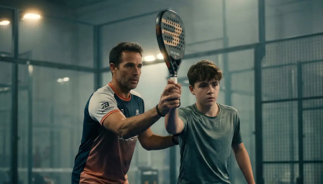Coach de padel enseignant à un joueur sur le terrain